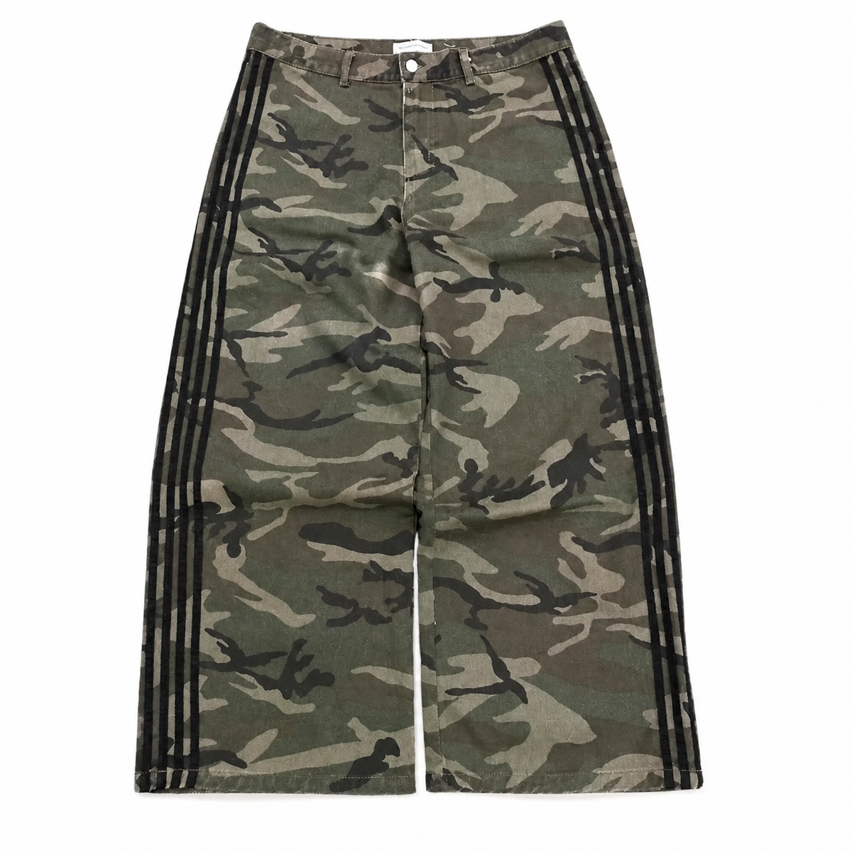 Grunge Camouflage Wide-Leg Jeans with Striped Panels