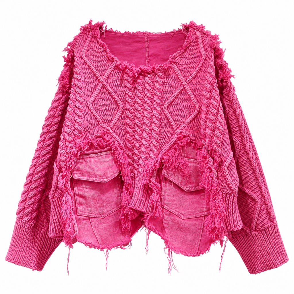 Grunge Pink Patchwork Pocket Pullover Sweater