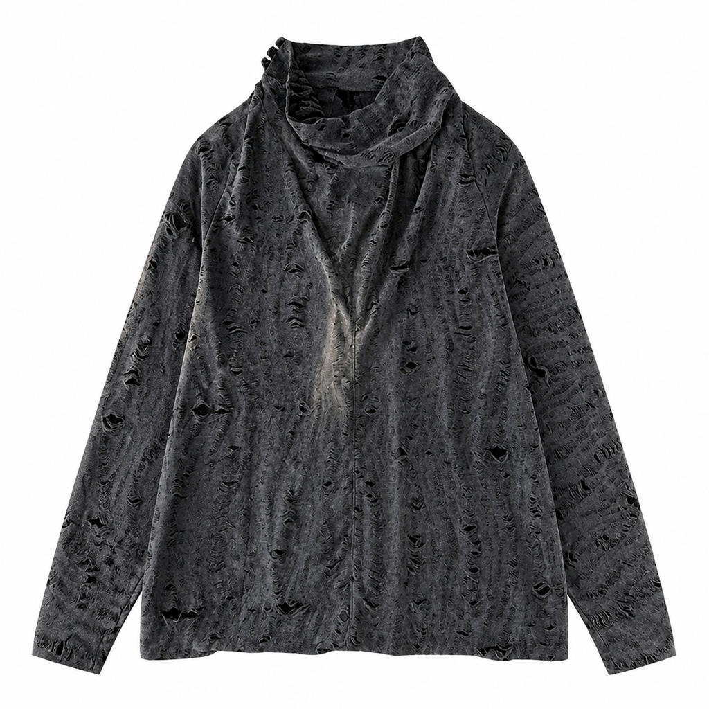 Grunge Distressed Long-Sleeve T-Shirt with Cowl Neck