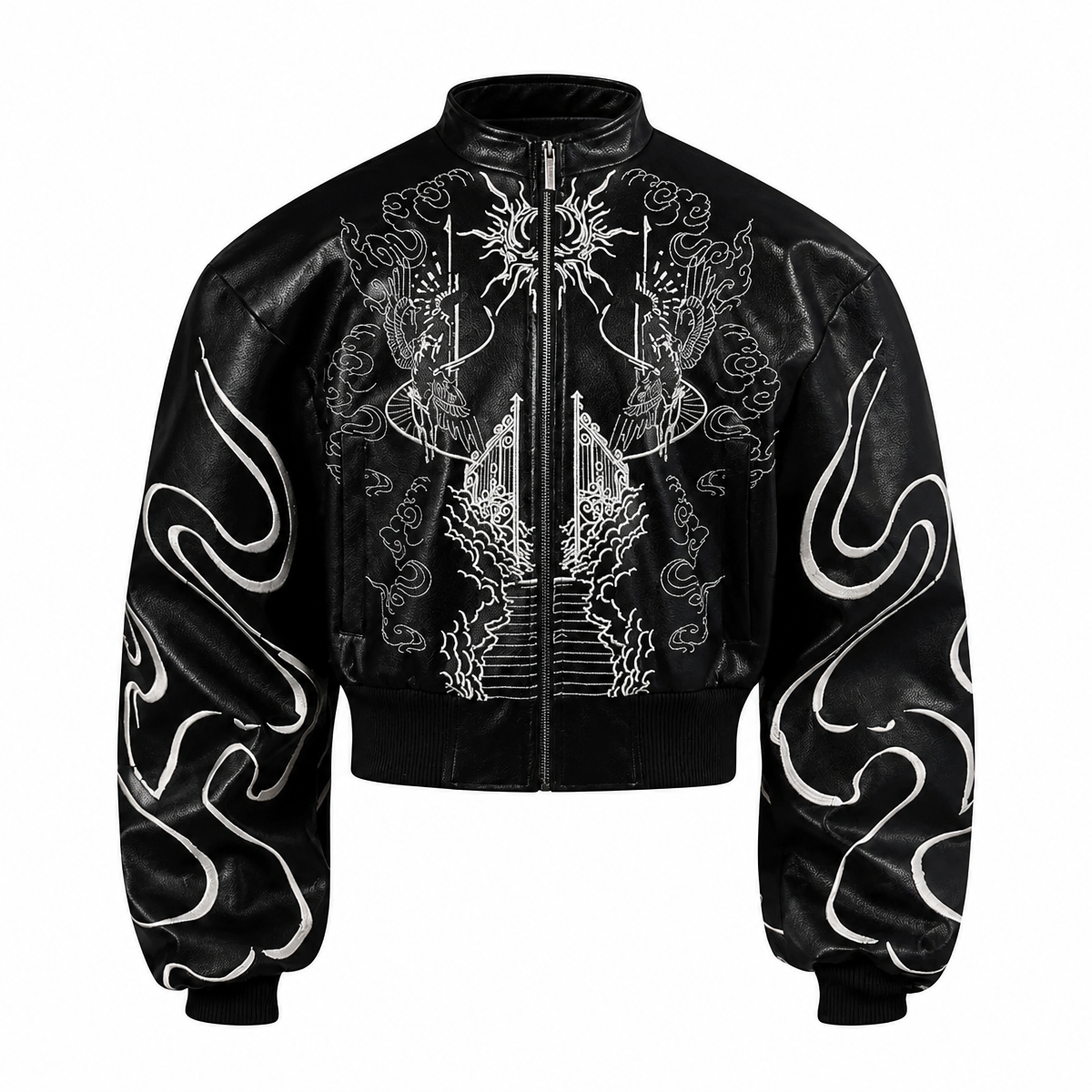 Grunge Embroidered Black Faux Leather Jacket