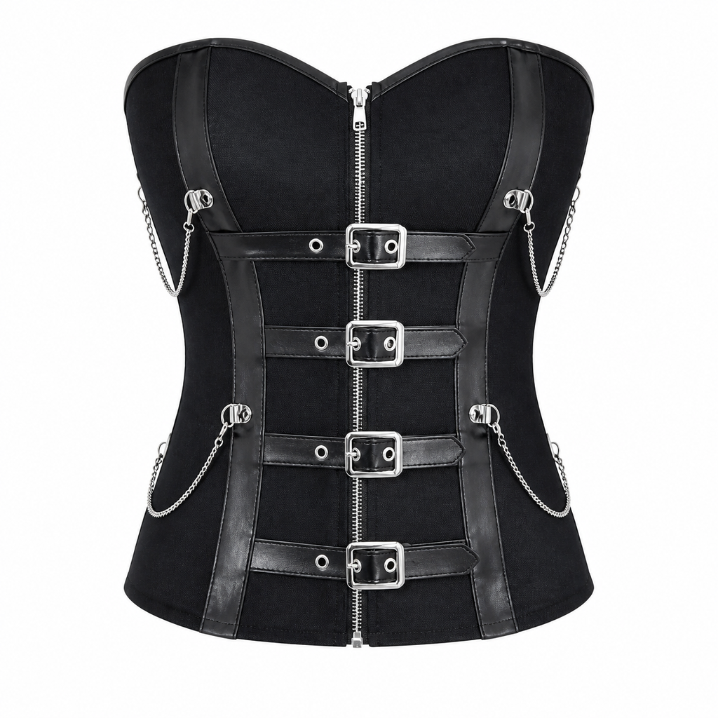 Grunge Black Zip-Front Buckle Corset Top