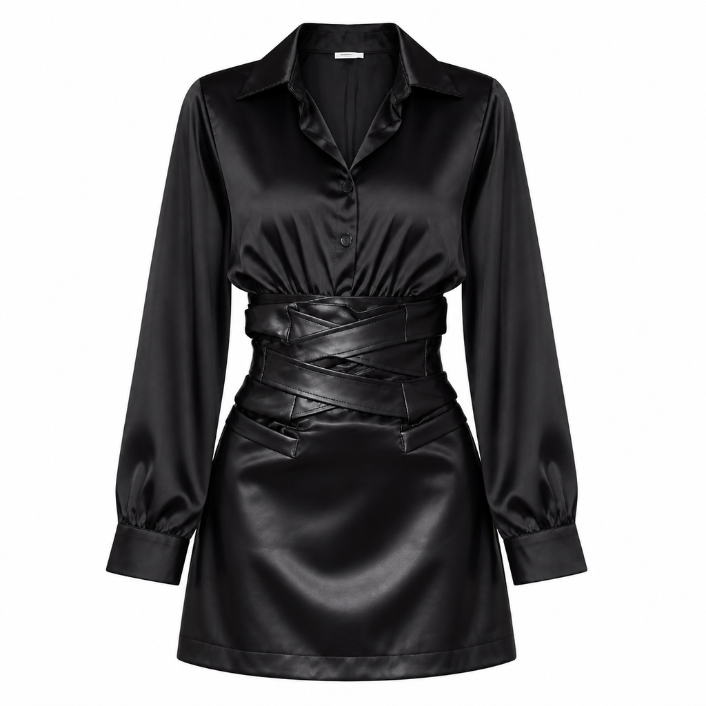 Grunge Black Long-Sleeve Wrap-Waist Dress