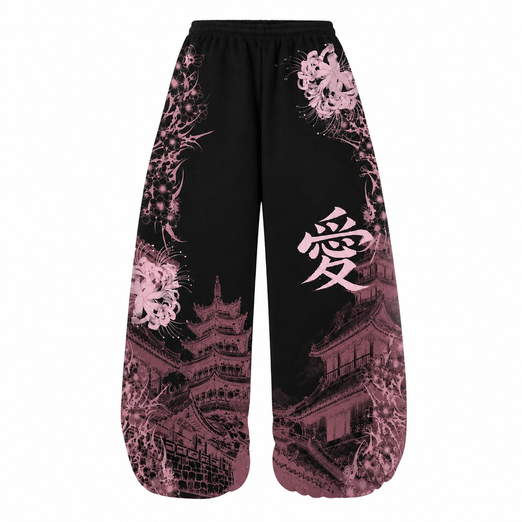 Grunge Floral Print Wide-Leg Pants