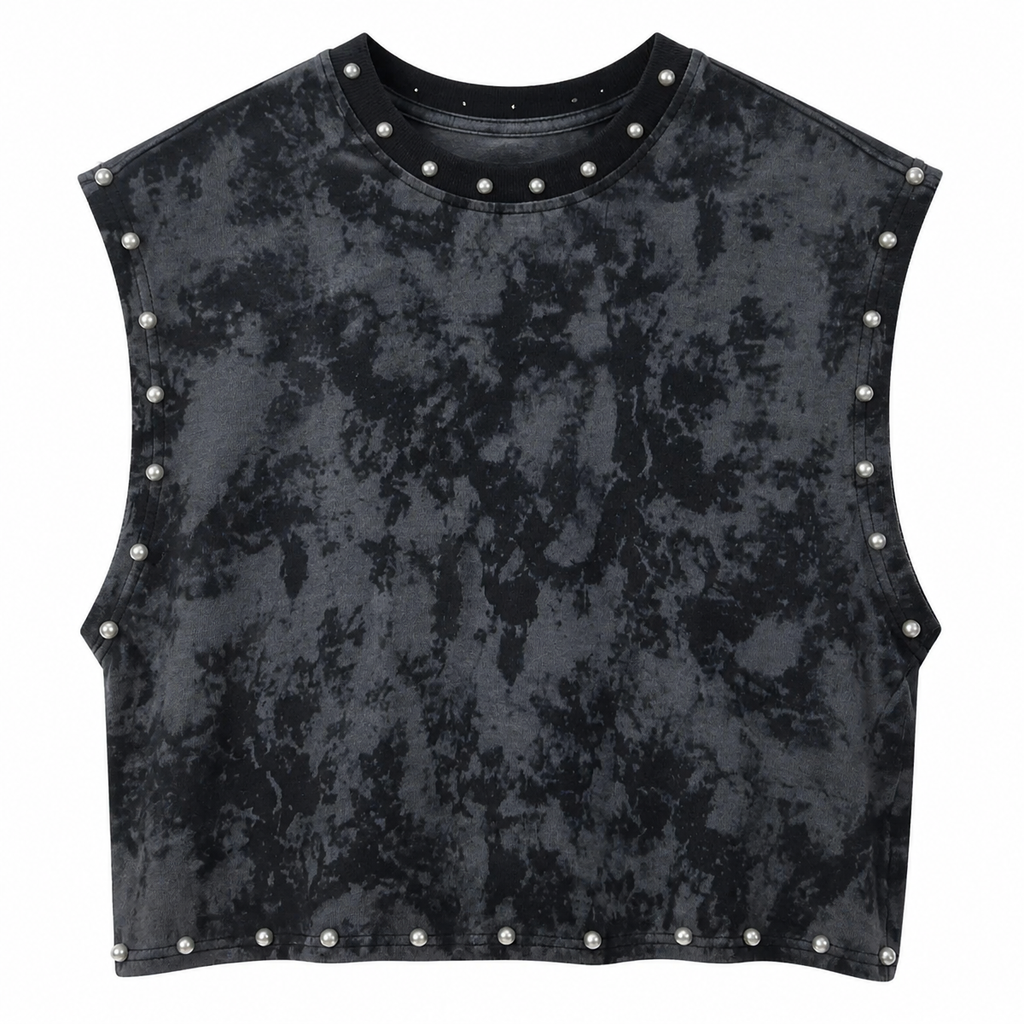 Grunge Black Tie-Dye Cropped Vest with Pearl Studs