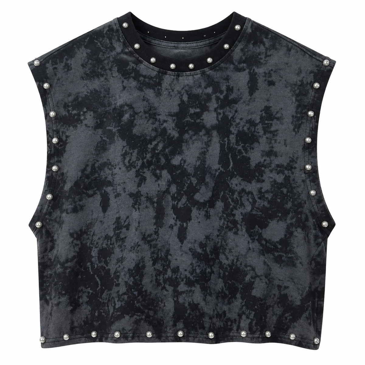 Grunge Black Tie-Dye Cropped Vest with Pearl Studs