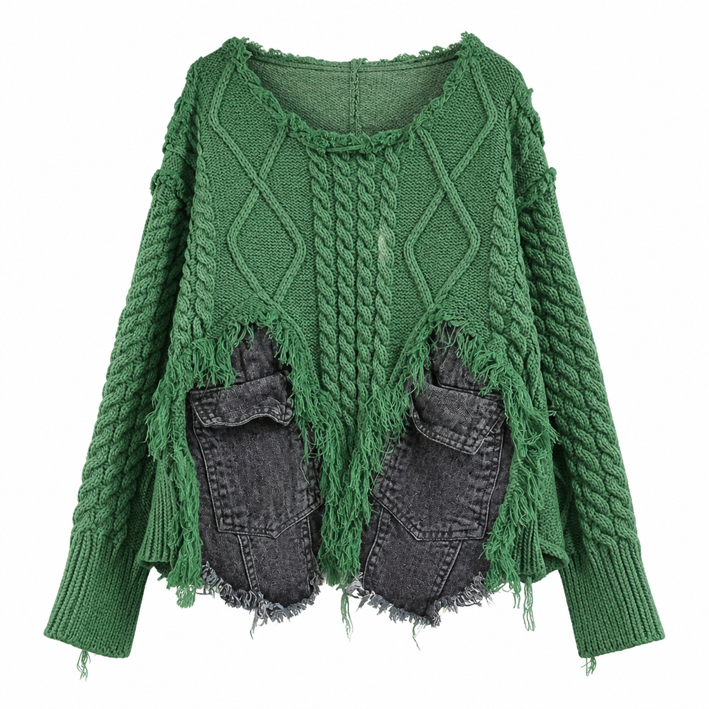 Grunge Emerald Green Patchwork Knit Sweater with Denim-Style Pockets