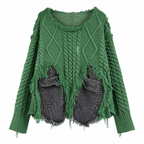 Grunge Emerald Green Patchwork Knit Sweater with Denim-Style Pockets