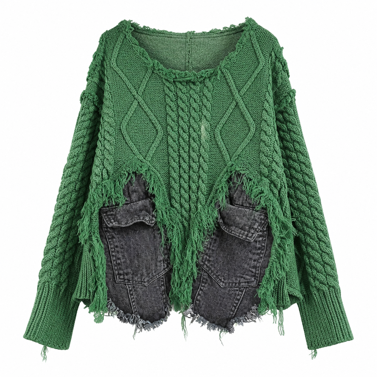 Grunge Emerald Green Patchwork Knit Sweater with Denim-Style Pockets
