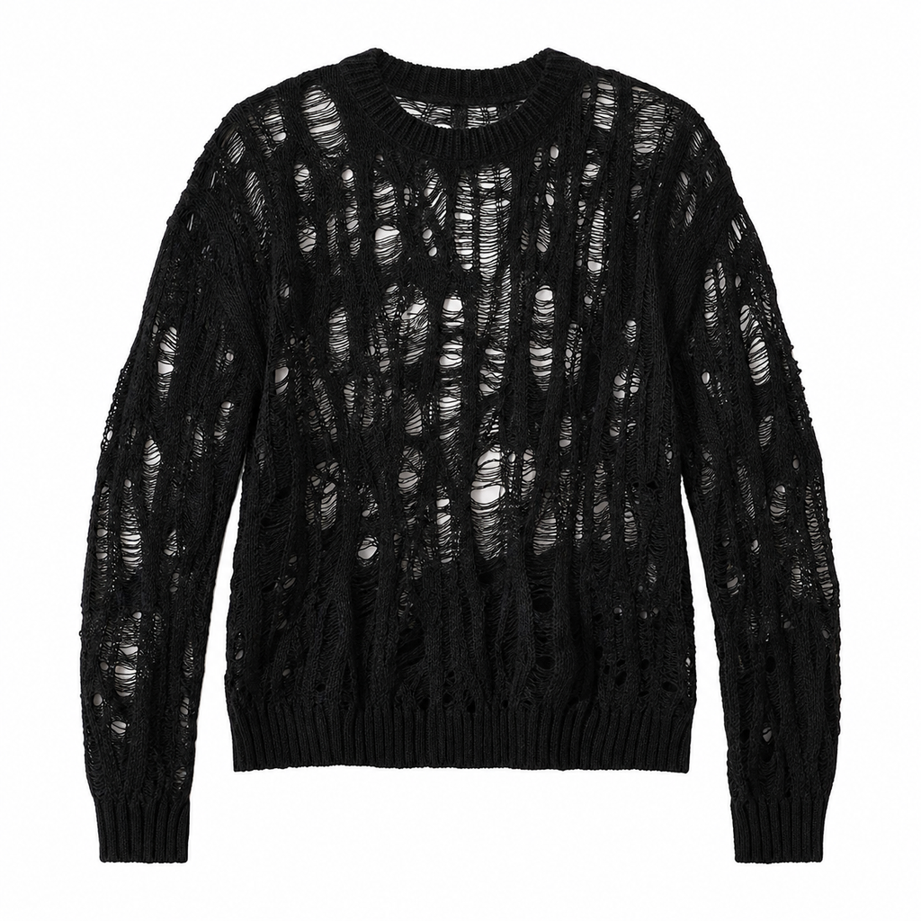 Men's Distressed Open-Knit Crewneck Sweater