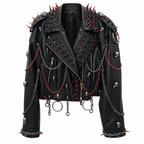Women's Black Faux Leather Punk Jacket with Spikes and Chains