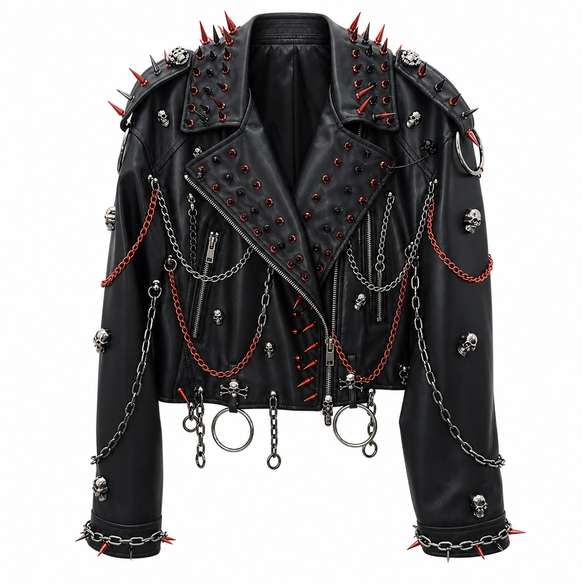 Women's Black Faux Leather Punk Jacket with Spikes and Chains
