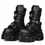 Grunge Black Motorcycle Boots with Rivet Straps and Chunky Soles