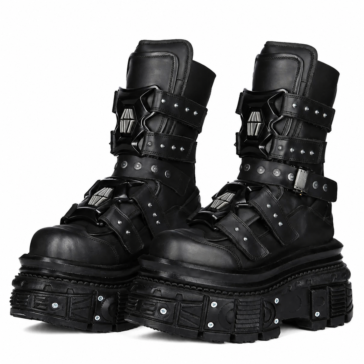 Grunge Black Motorcycle Boots with Rivet Straps and Chunky Soles
