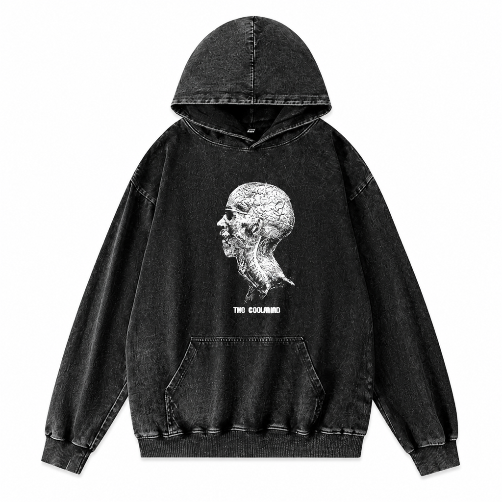 Grunge Acid-Washed Black Printed Cotton Hoodie