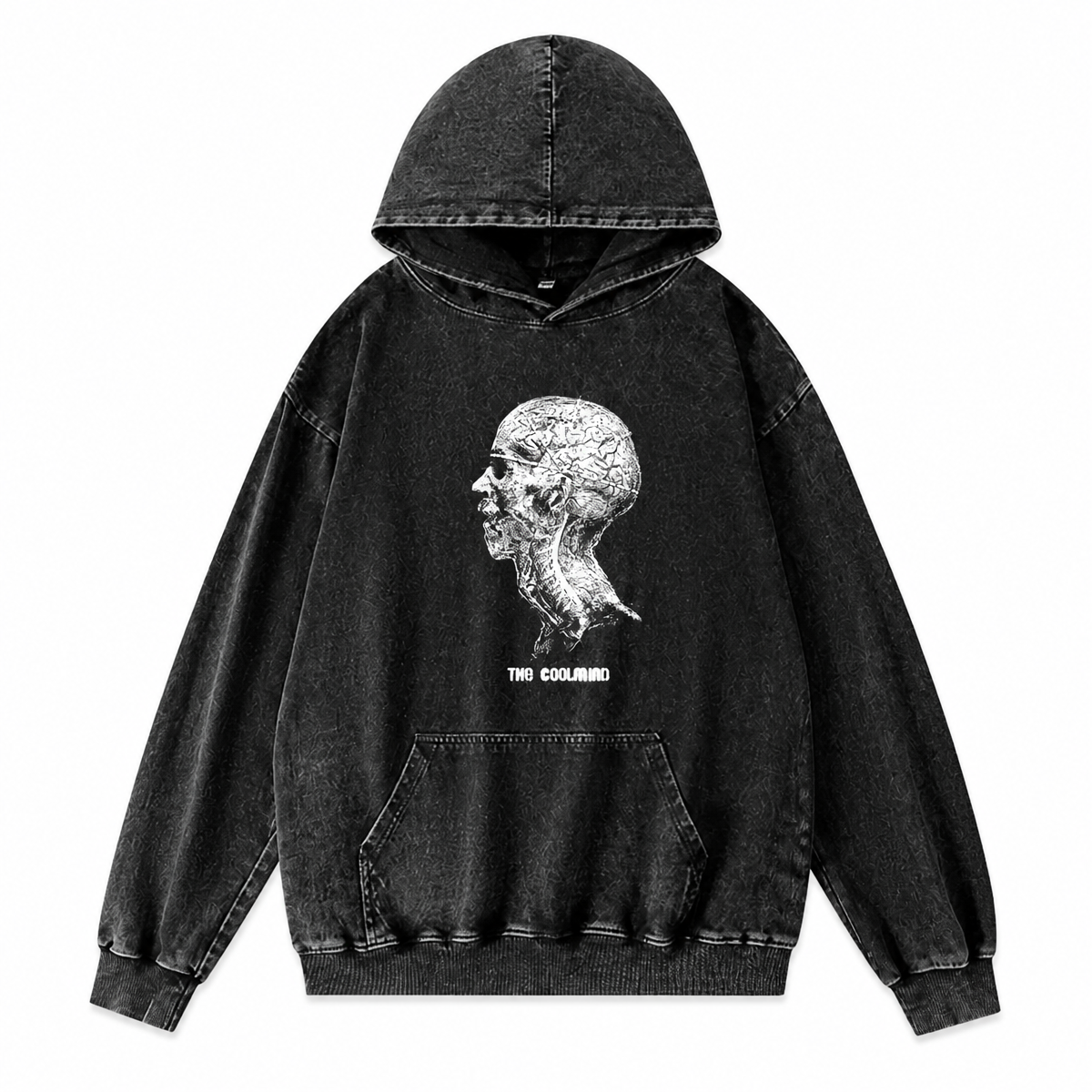 Grunge Acid-Washed Black Printed Cotton Hoodie