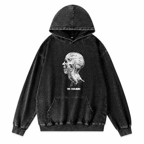 Grunge Acid-Washed Black Printed Cotton Hoodie