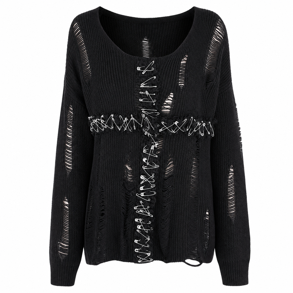 Women's Distressed Knit Sweater with Lace-Up Safety-Pin Cross Detail