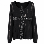 Women's Distressed Knit Sweater with Lace-Up Safety-Pin Cross Detail