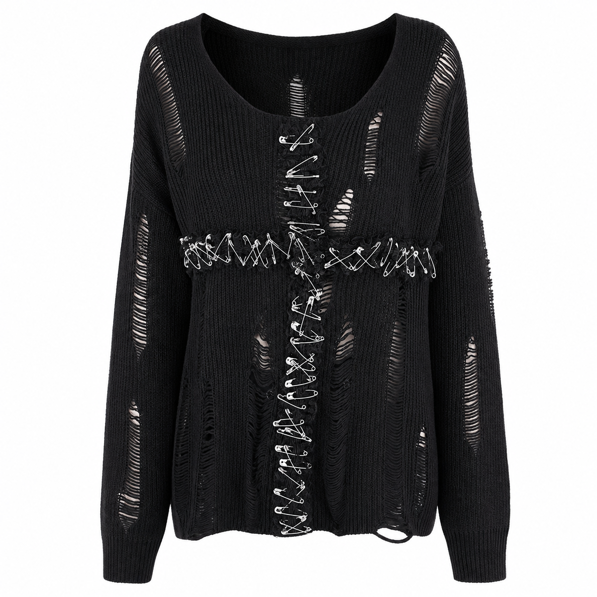 Women's Distressed Knit Sweater with Lace-Up Safety-Pin Cross Detail