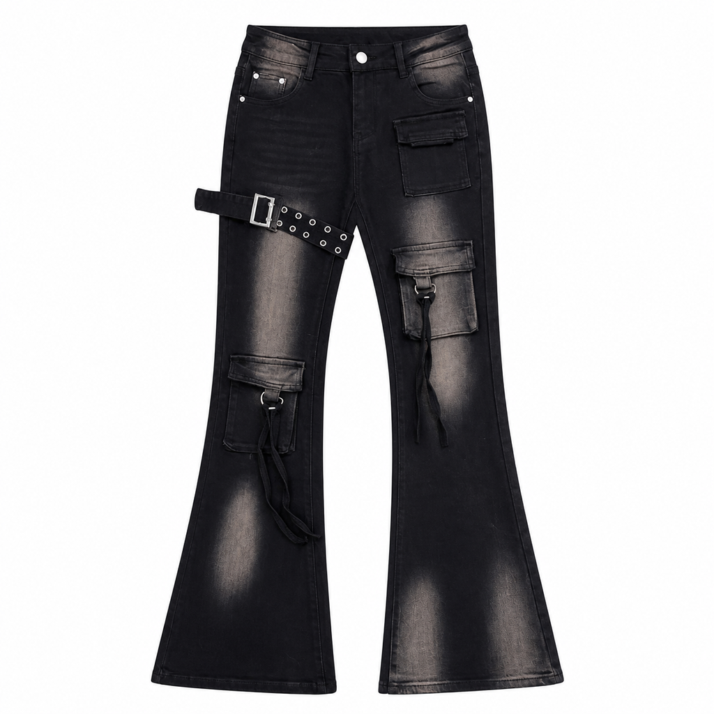 Grunge Low-Waist Cargo Flare Jeans with Eyelet Belt