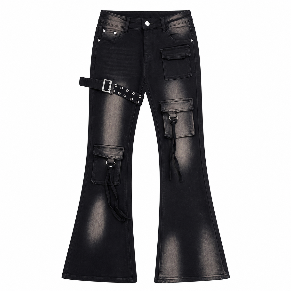 Grunge Low-Waist Cargo Flare Jeans with Eyelet Belt