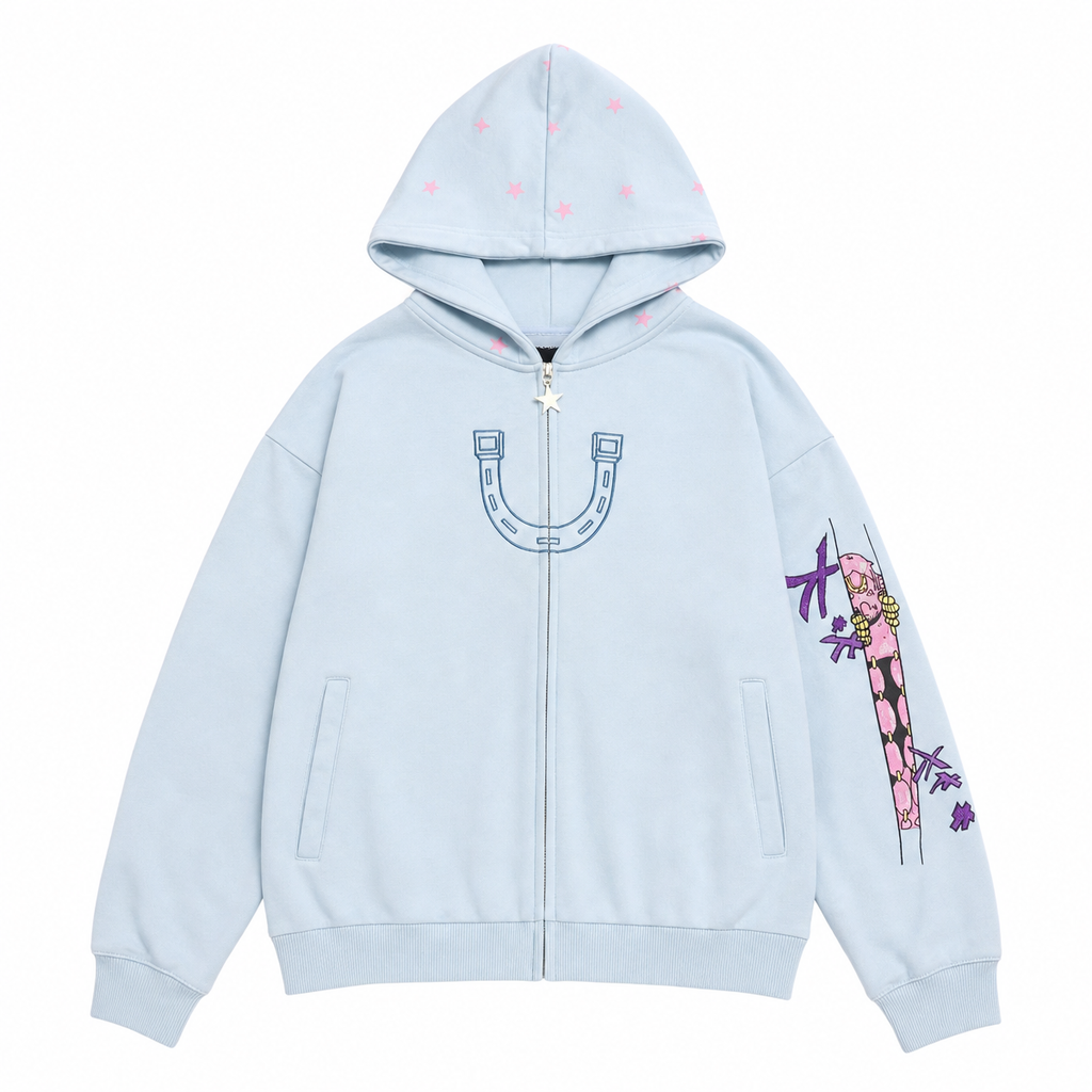 Light Blue Star & Graphic Zip-Up Hoodie