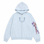 Light Blue Star & Graphic Zip-Up Hoodie