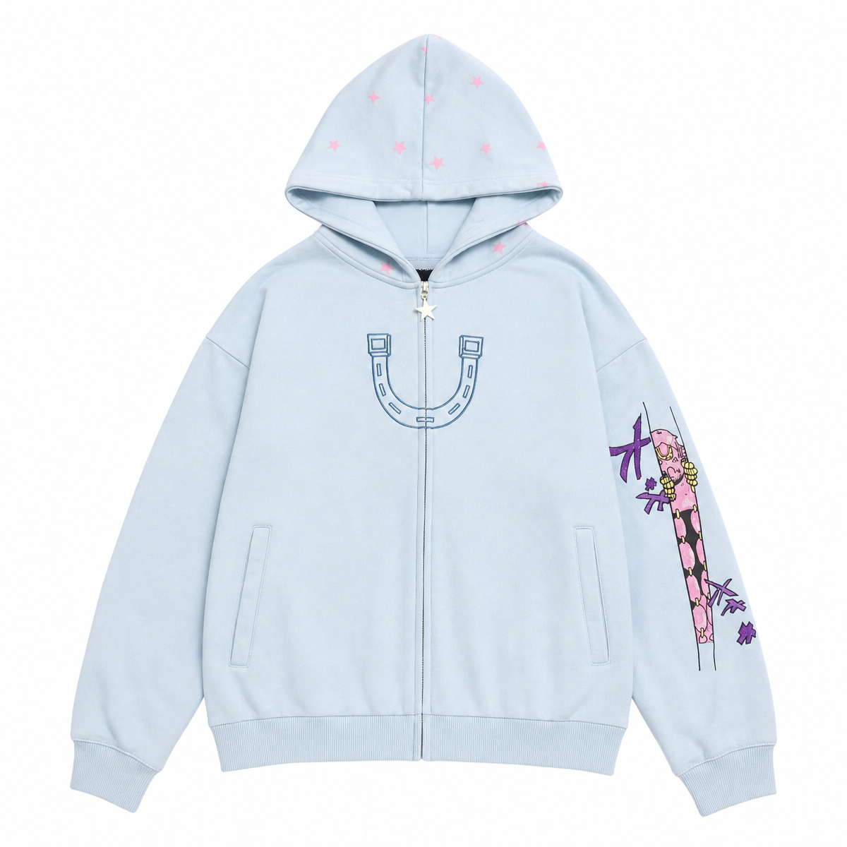 Light Blue Star & Graphic Zip-Up Hoodie