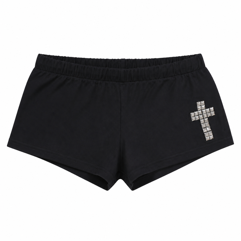 Grunge Black Low-Rise Studded Cross Shorts
