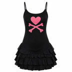 Grunge Black Heart-and-Crossbones Ruffle Mini Dress