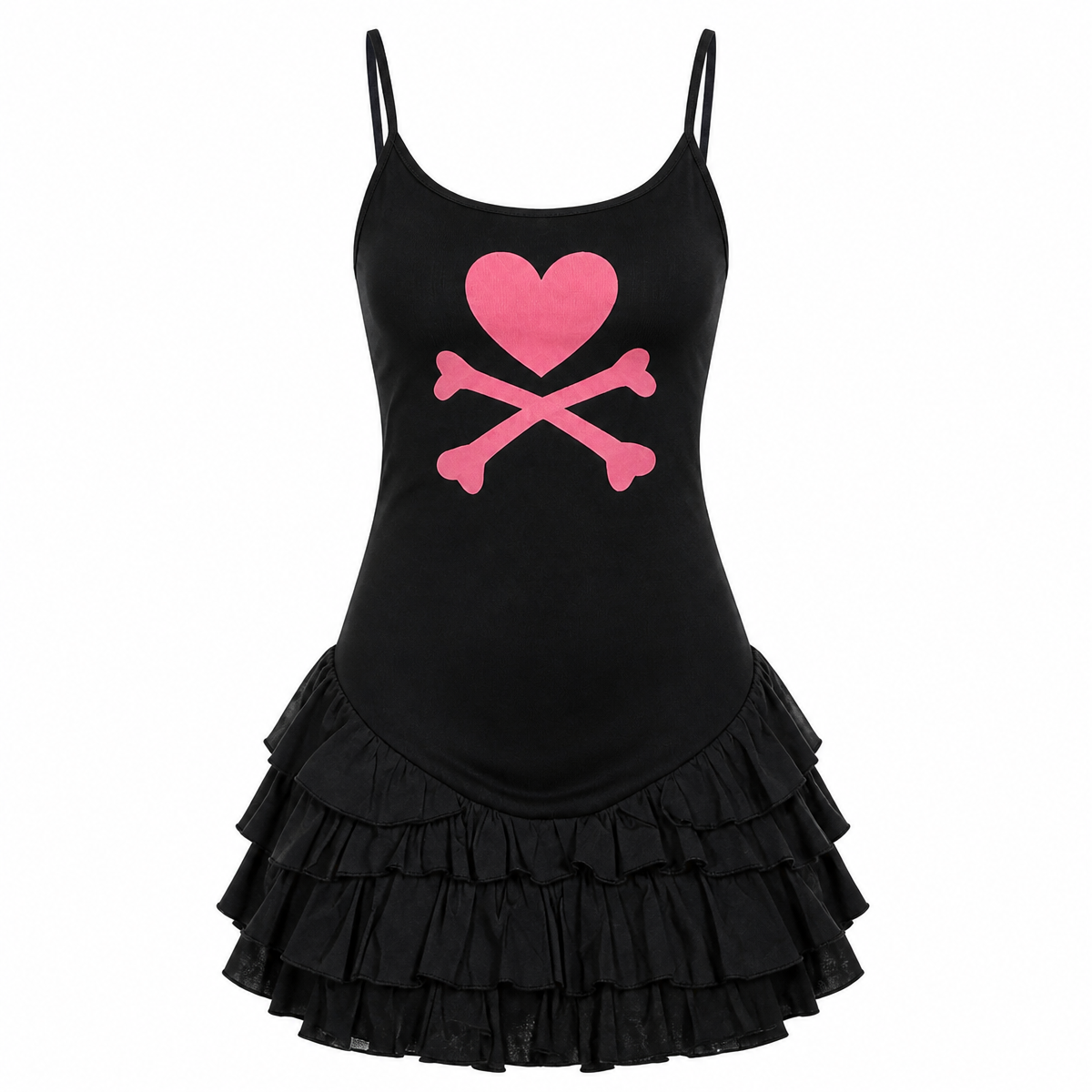 Grunge Black Heart-and-Crossbones Ruffle Mini Dress