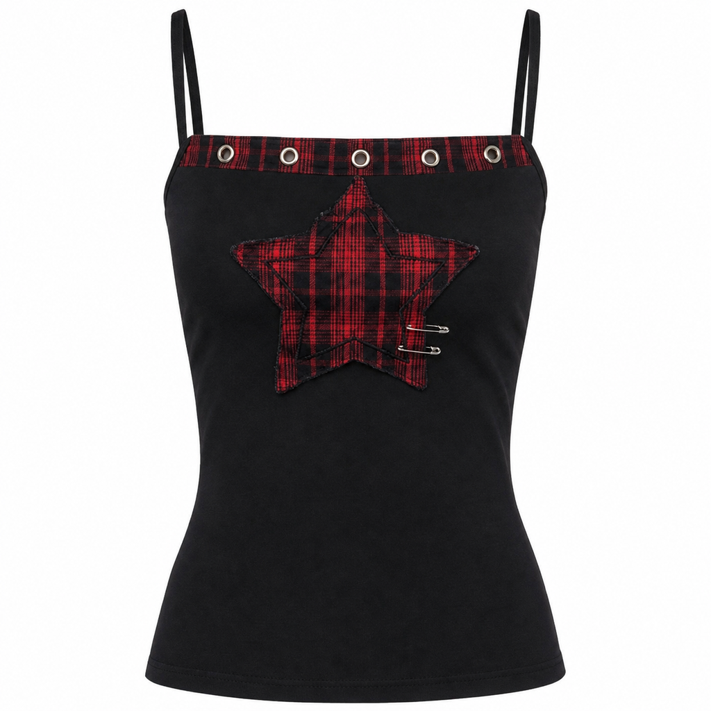 Black Camisole Top with Red Plaid Star Detail