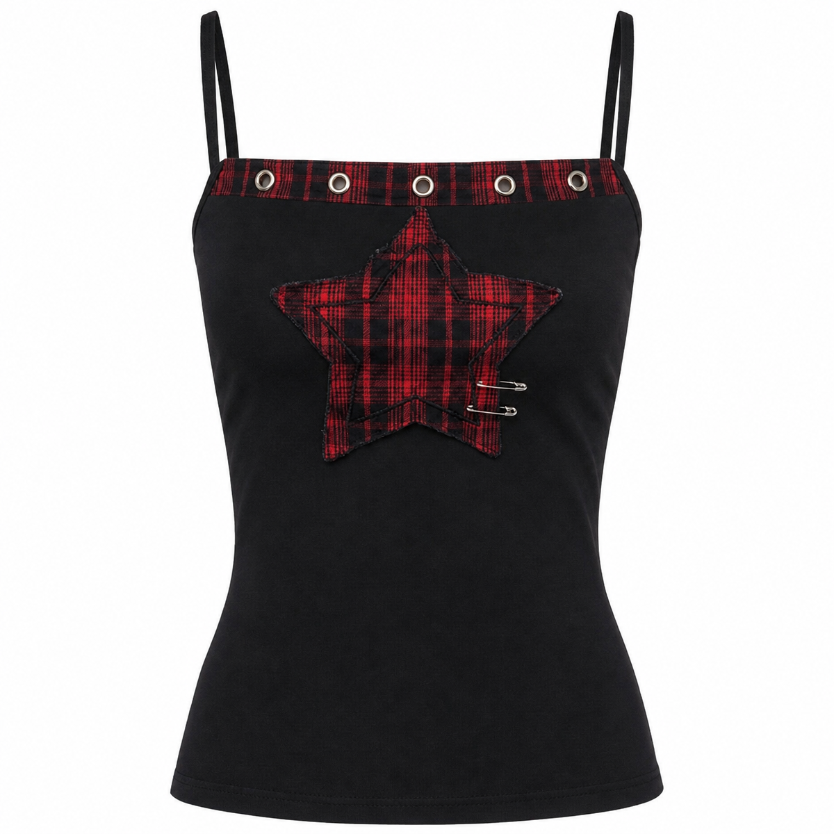 Black Camisole Top with Red Plaid Star Detail