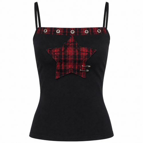 Black Camisole Top with Red Plaid Star Detail