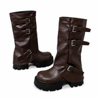 Grunge Brown Buckle-Strap Platform Mid-Calf Boots