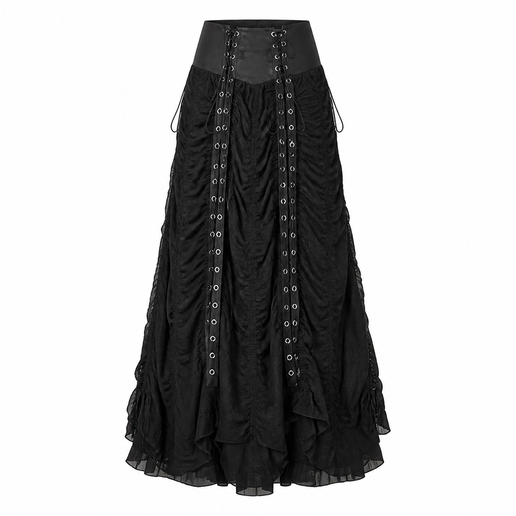 Grunge Black Lace-Up Ruched Maxi Skirt