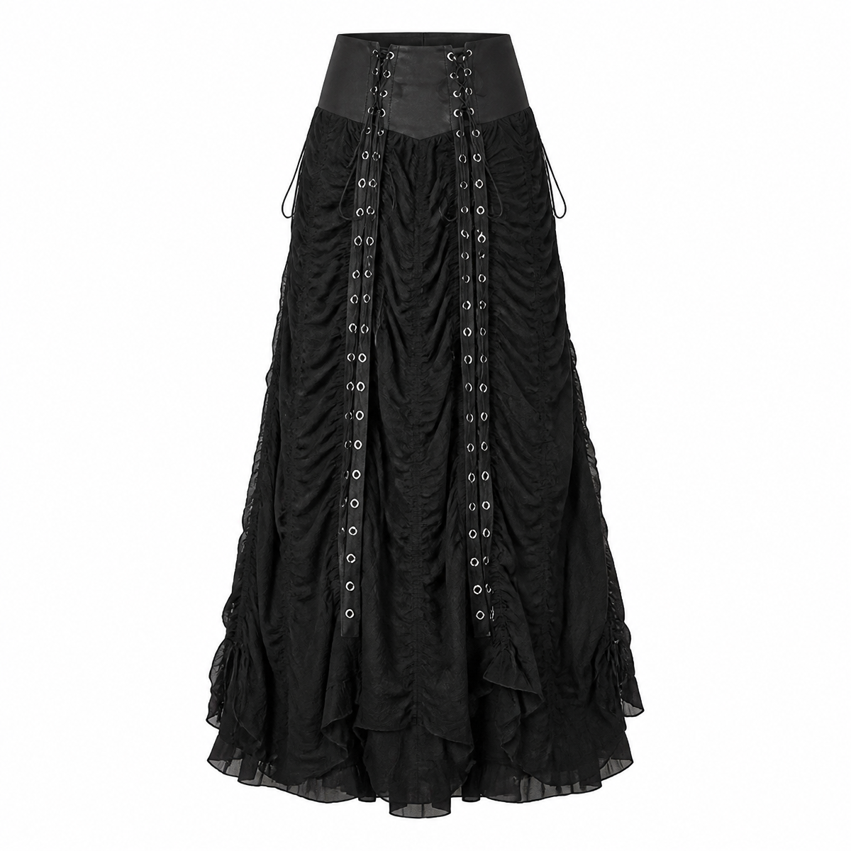 Grunge Black Lace-Up Ruched Maxi Skirt