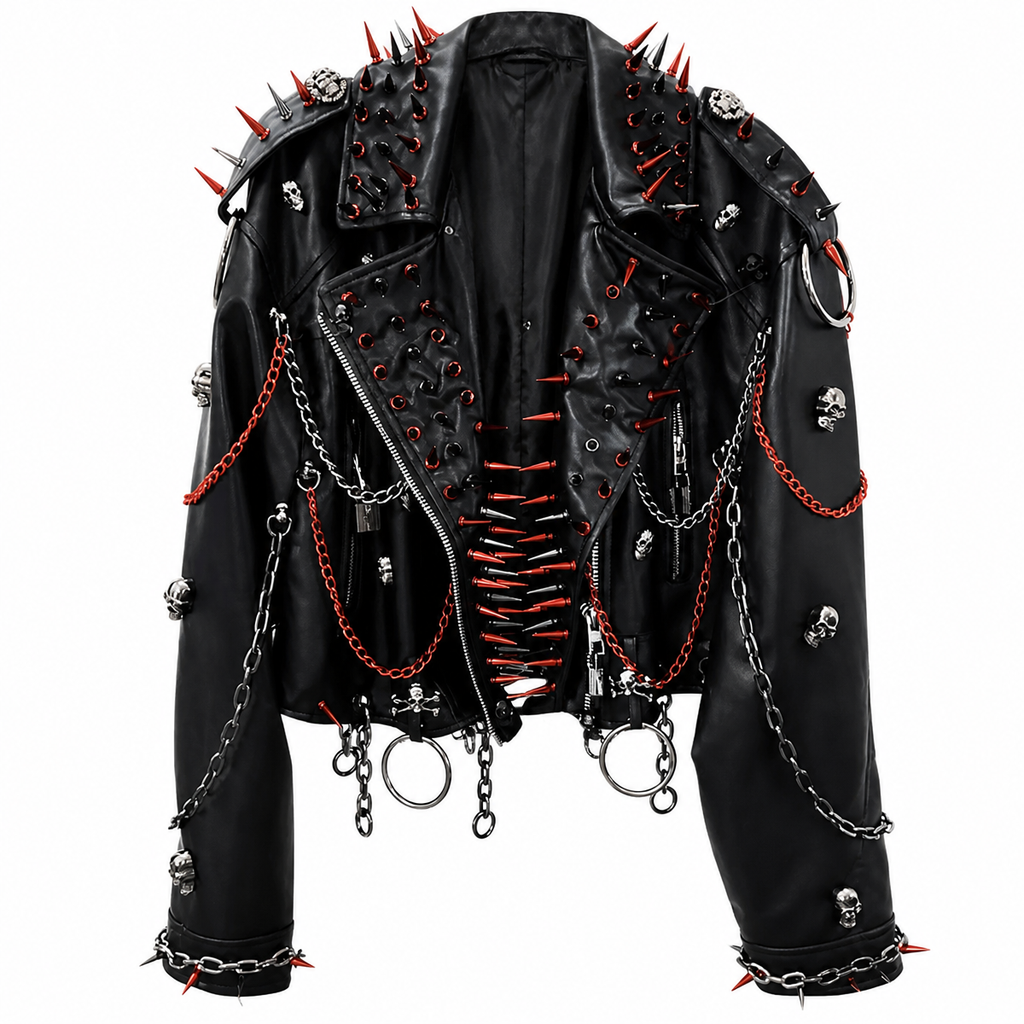 Grunge Black Spiked Faux-Leather Jacket with Chains
