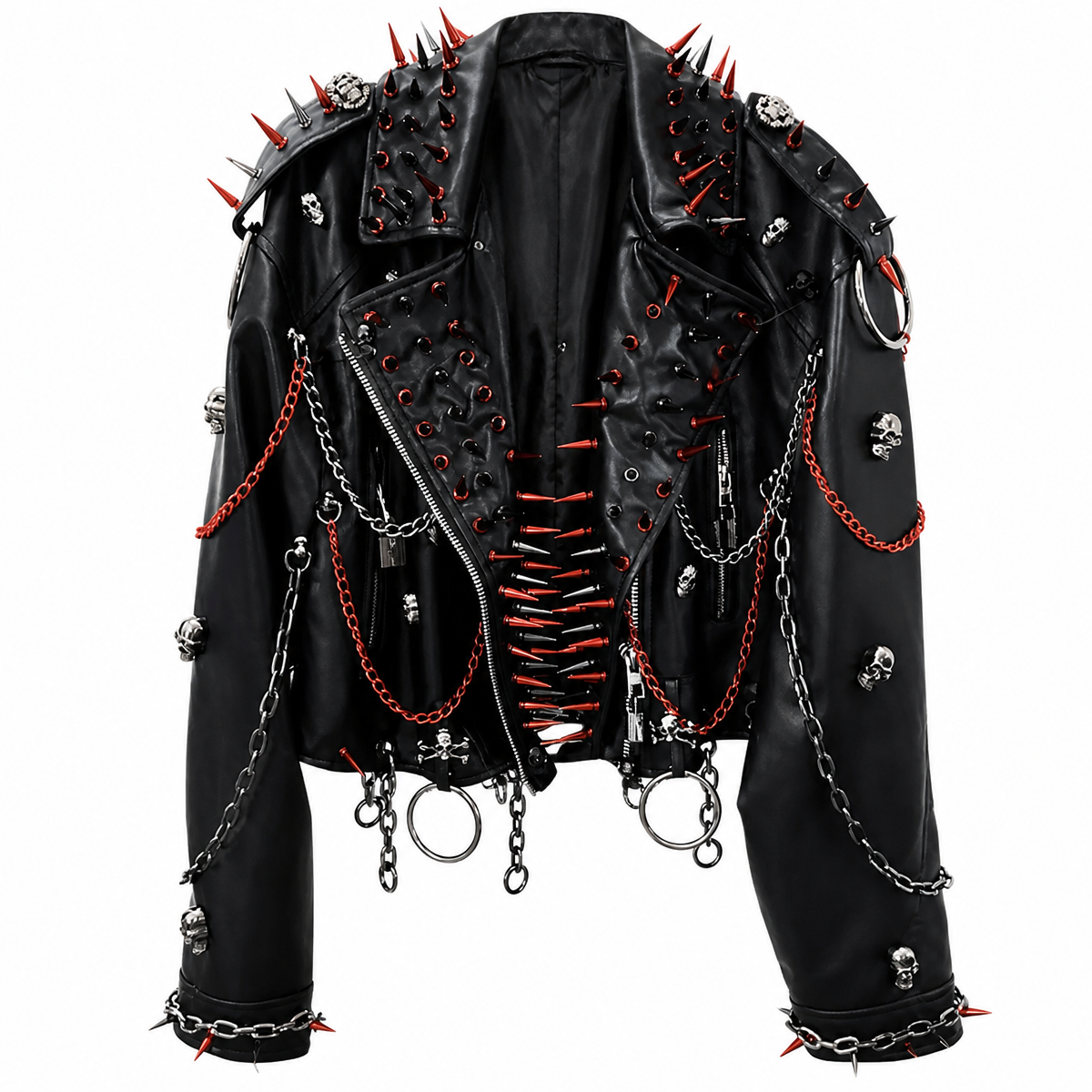 Grunge Black Spiked Faux-Leather Jacket with Chains