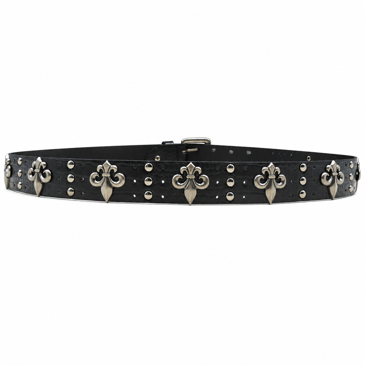 Crocodile-Embossed PU Belt with Fleur-de-Lis Rivets and Double Buckle