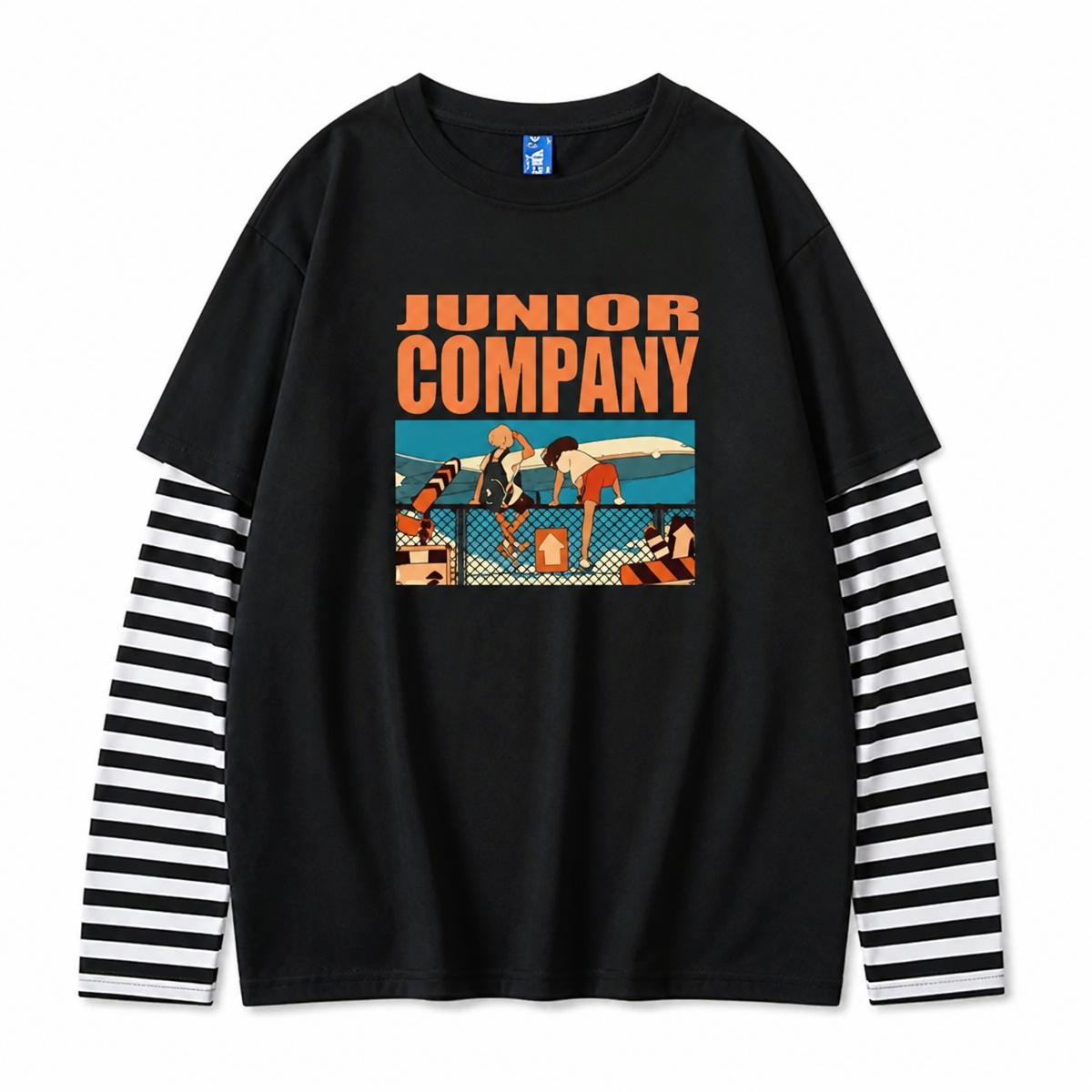 Grunge Striped-Sleeve Graphic T-Shirt