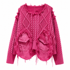 Women's Pink Patchwork Knit Pullover Sweater with Utility Pockets