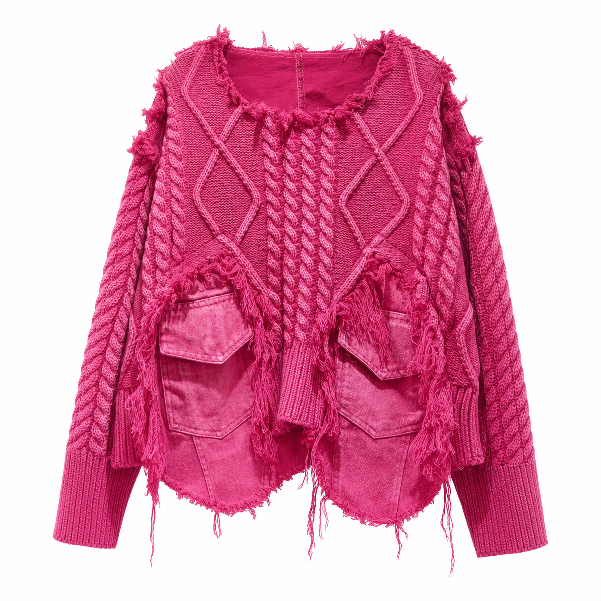 Women's Pink Patchwork Knit Pullover Sweater with Utility Pockets