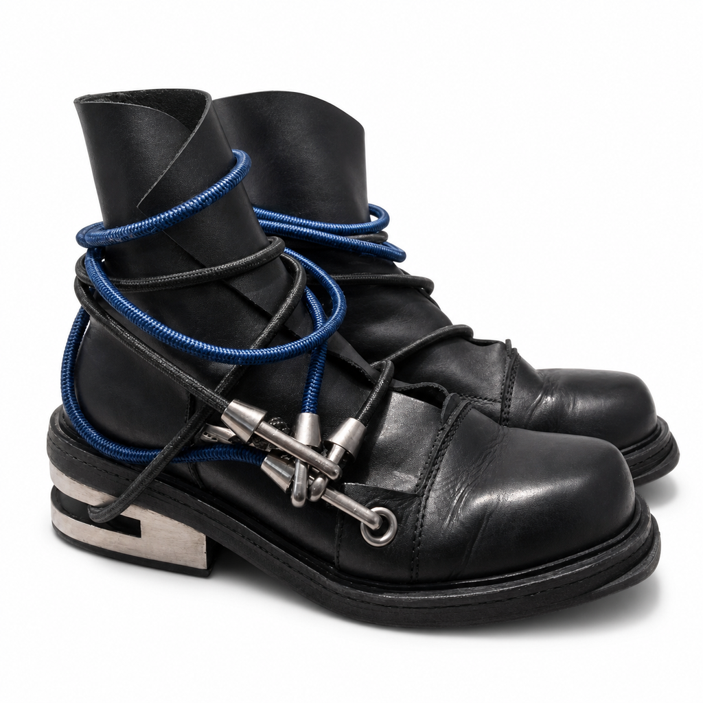 Men's Black Mid-Calf Lace-Up Boots with Wraparound Cords