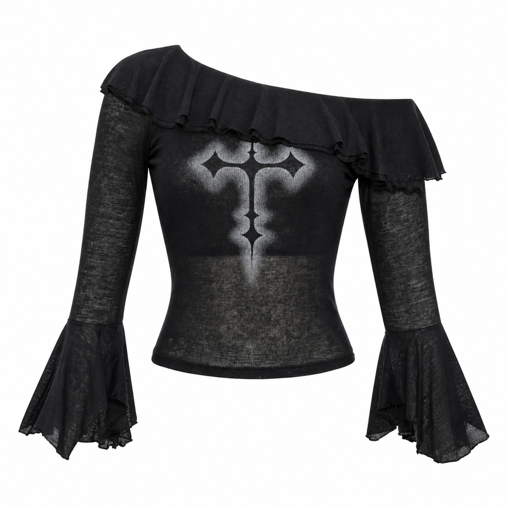 Women's Black Gothic Graphic Off-Shoulder Flare-Sleeve Top