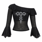 Women's Black Gothic Graphic Off-Shoulder Flare-Sleeve Top