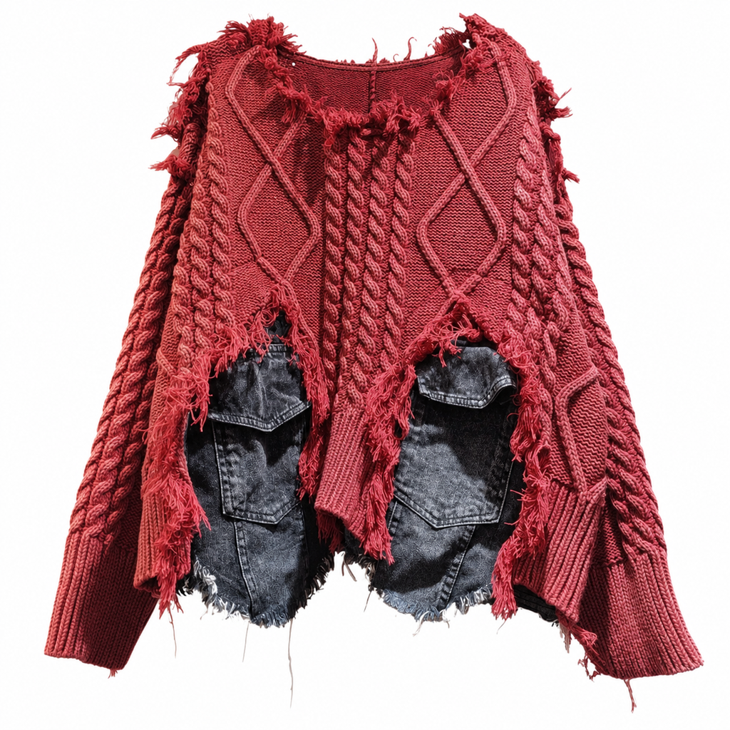 Women's Patchwork Cable-Knit Pullover Sweater with Denim Pockets