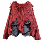 Women's Patchwork Cable-Knit Pullover Sweater with Denim Pockets