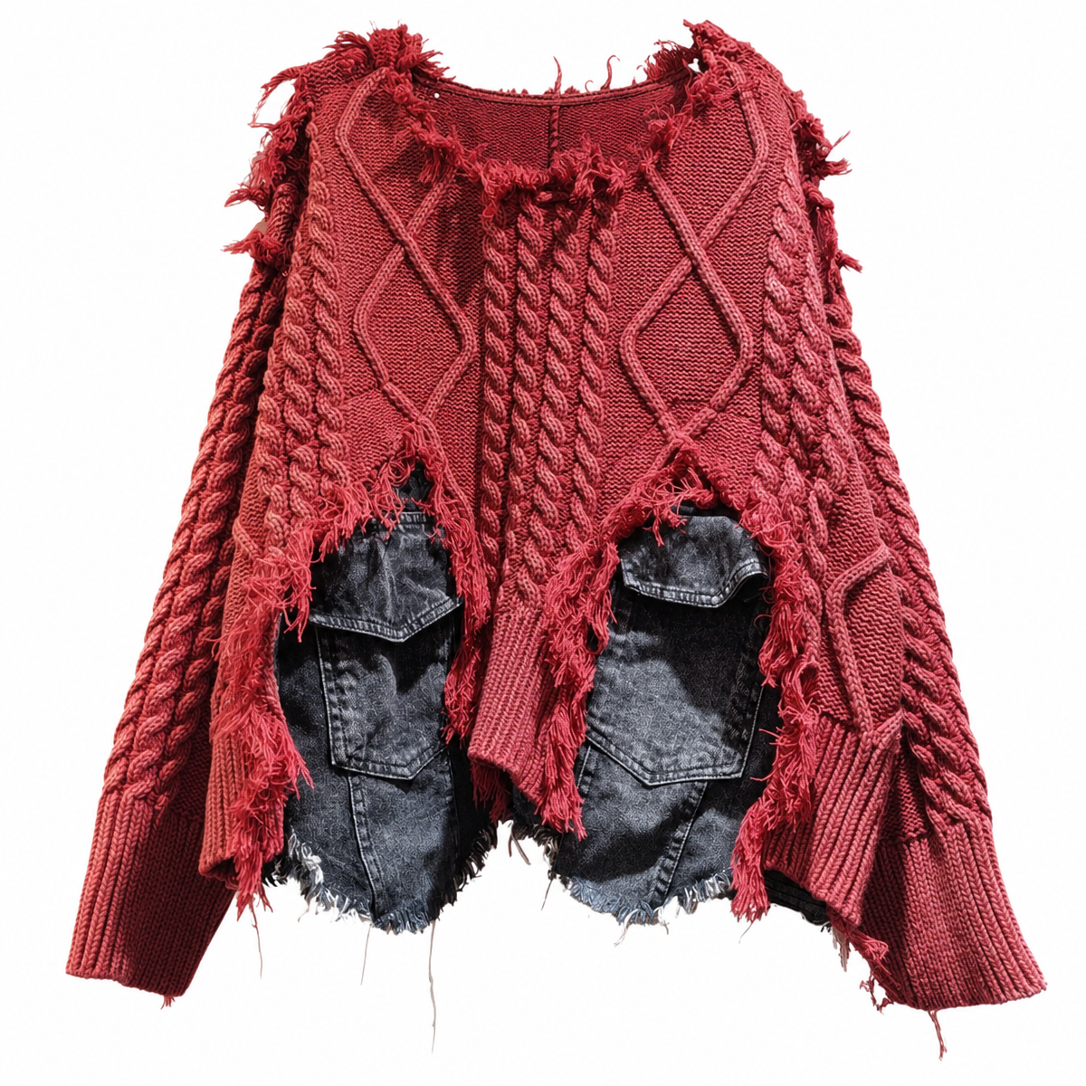 Women's Patchwork Cable-Knit Pullover Sweater with Denim Pockets