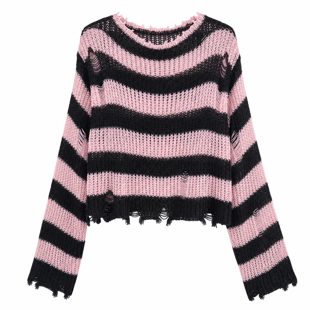 Women's Striped Distressed Knit Pullover Sweater